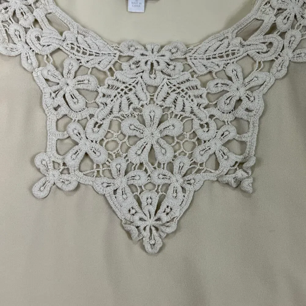 Charming Charlie Beige Semi Sheer Chiffon Crochet Lace Trimmed Blouse Top Small - Picture 4 of 12